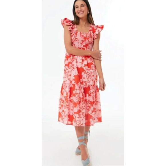 Tuckernuck Dress Womens M Medium Scarlet Toile Mallie Ruffle Sleeve Smocked Midi - Picture 12 of 13